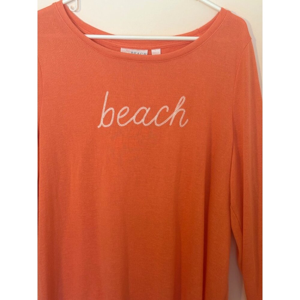 Belle Beach Kim Gravel Coral Orange Long Sleeve Embroidered "Beach" Pullover Top - Picture 7 of 7
